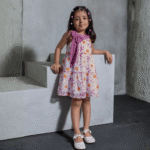 Floral Printed Girls Dress with Bow Detail